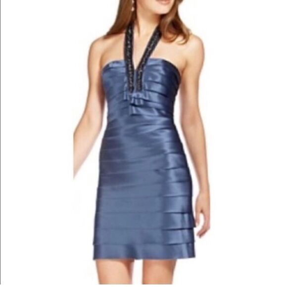 BCBGMaxAzria Blue Grey Woven Embellished Halter Dress | SZ 4 - Picture 2 of 16
